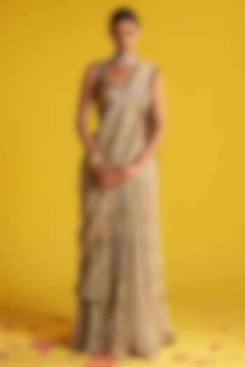 Beige & Green Georgette Embroidered Skirt Wedding Saree Set by Studio Bagechaa at Pernia's Pop Up Shop