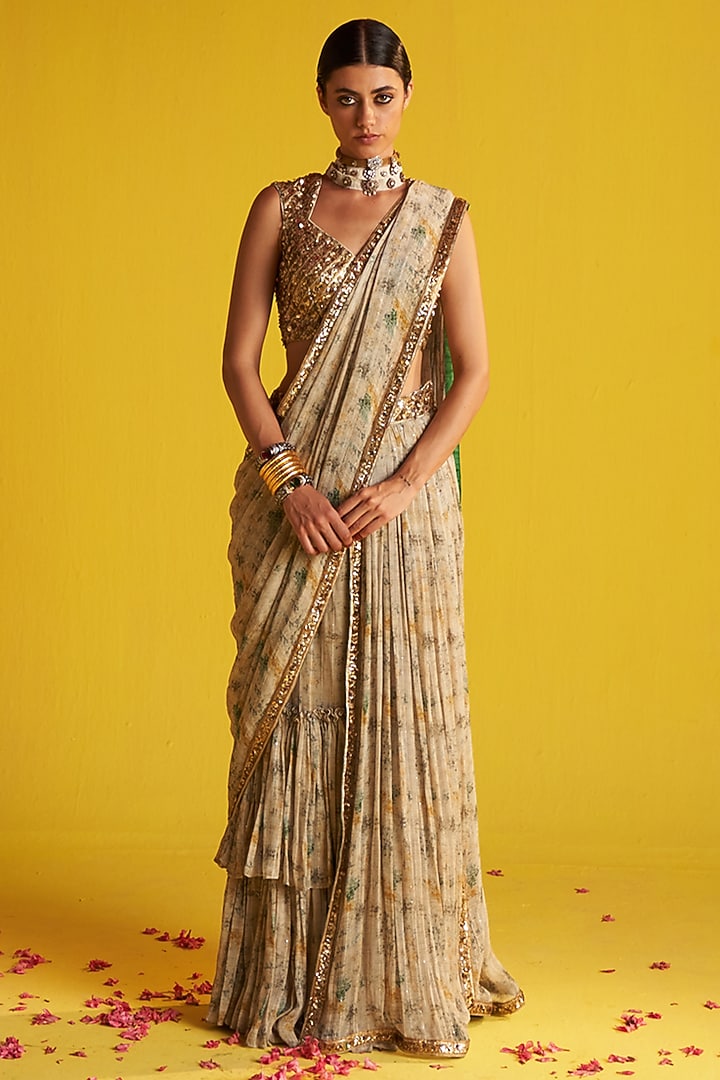 Beige & Green Georgette Embroidered Skirt Wedding Saree Set by Studio Bagechaa at Pernia's Pop Up Shop
