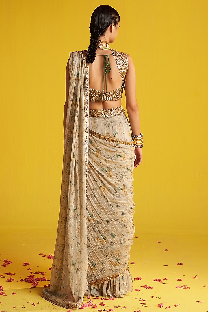 Beige & Green Georgette Embroidered Skirt Wedding Saree Set by Studio Bagechaa at Pernia's Pop Up Shop