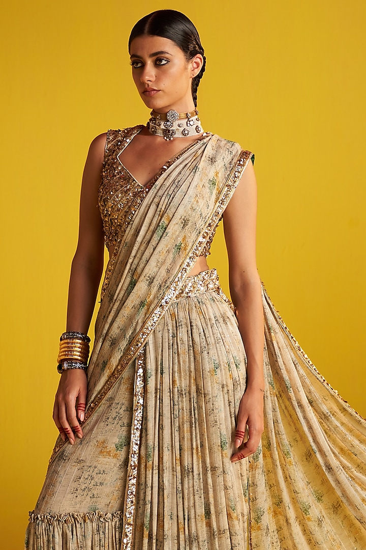 Beige & Green Georgette Embroidered Skirt Wedding Saree Set by Studio Bagechaa at Pernia's Pop Up Shop