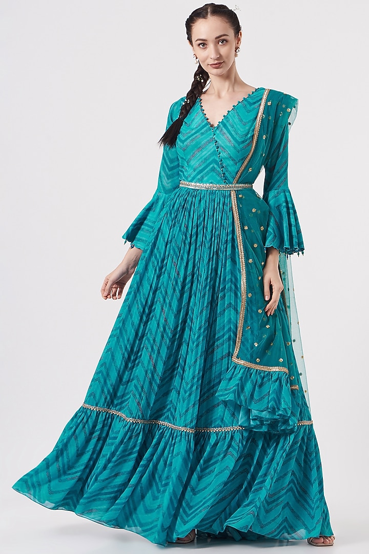 Turquoise Blue Embroidered Party Wear Anarkali Set by Studio Bagechaa at Pernia's Pop Up Shop