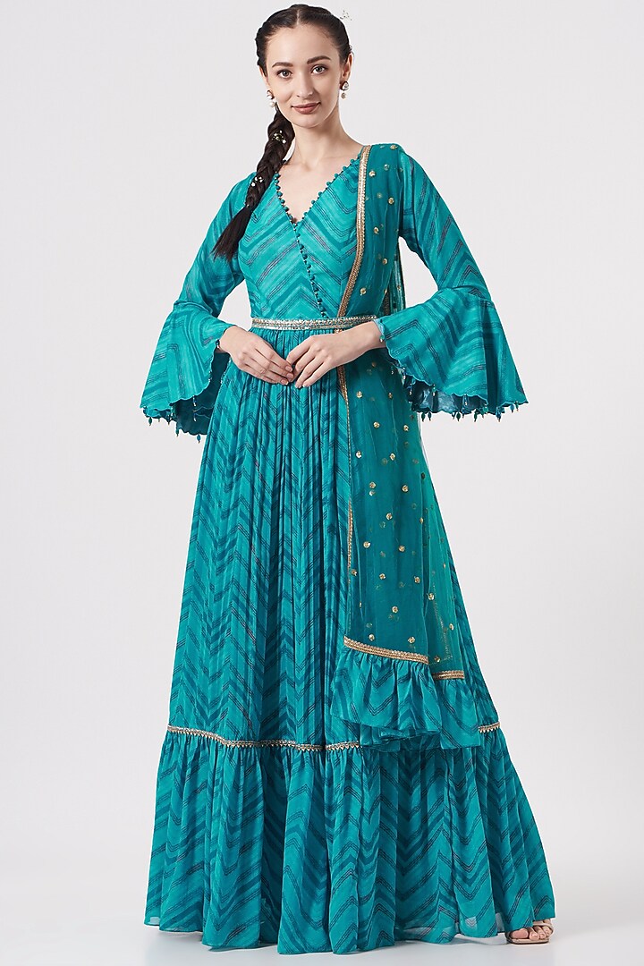 Turquoise Blue Embroidered Party Wear Anarkali Set by Studio Bagechaa at Pernia's Pop Up Shop