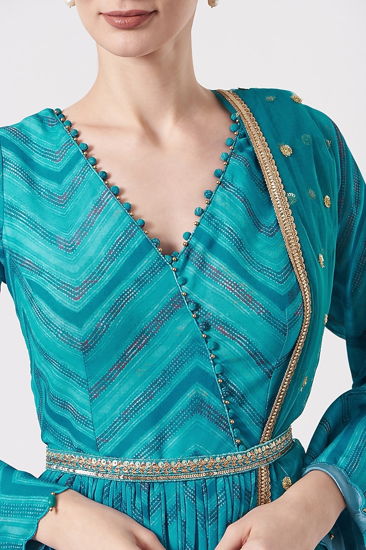 Turquoise Blue Embroidered Party Wear Anarkali Set by Studio Bagechaa at Pernia's Pop Up Shop