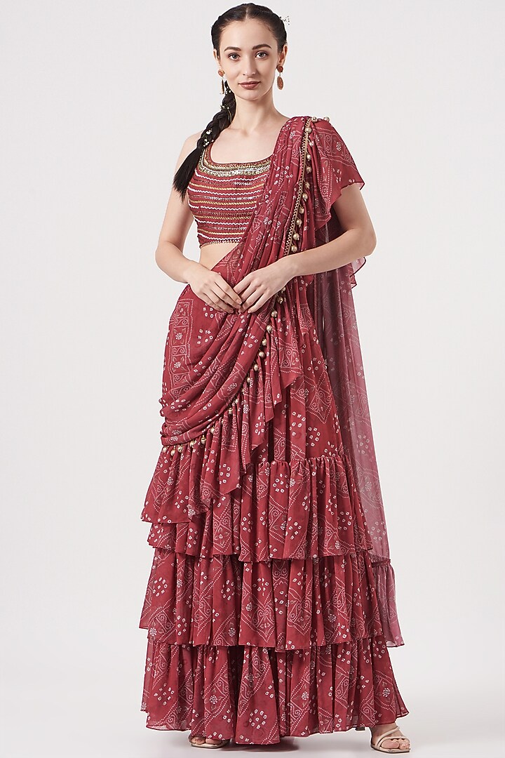 Rusty Red Viscose Georgette Bandhej Printed Draped Wedding Saree Set by Studio Bagechaa at Pernia's Pop Up Shop