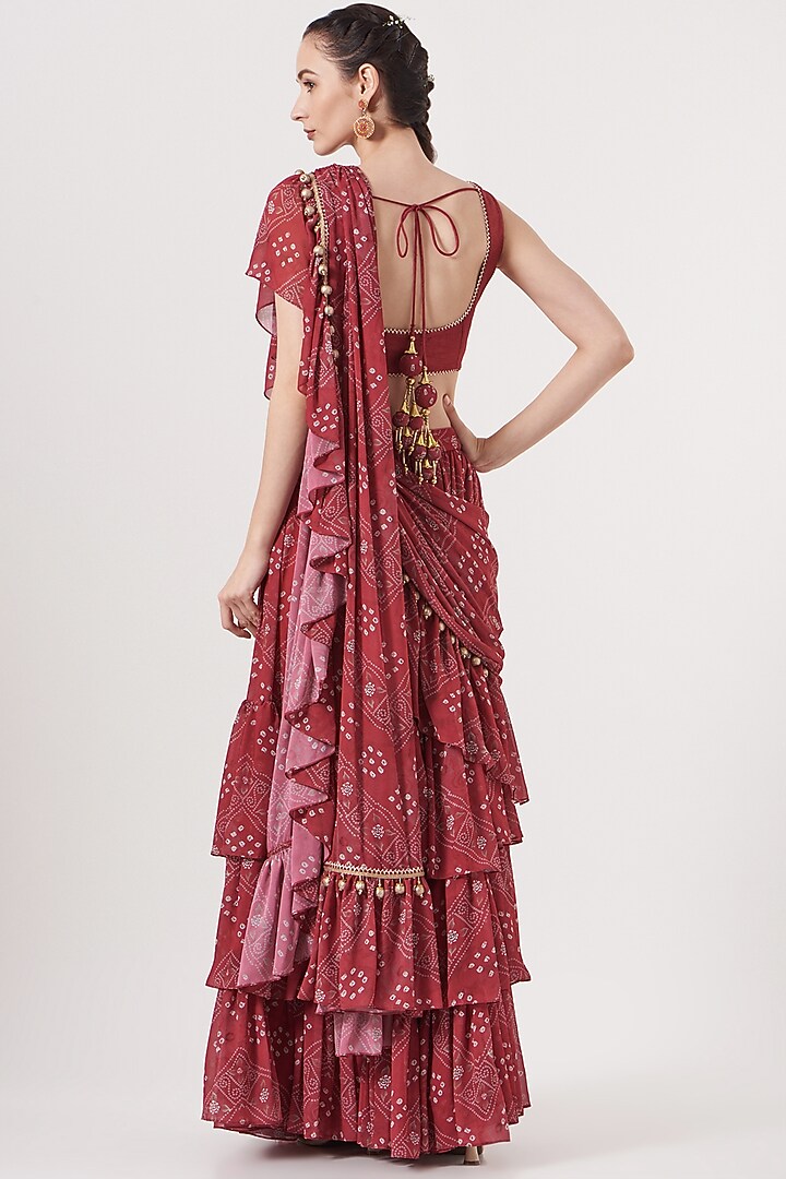 Rusty Red Viscose Georgette Bandhej Printed Draped Wedding Saree Set by Studio Bagechaa at Pernia's Pop Up Shop