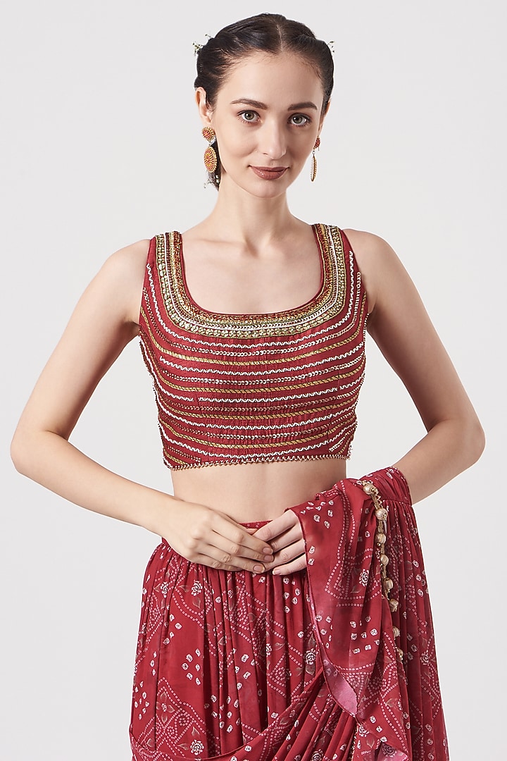 Rusty Red Viscose Georgette Bandhej Printed Draped Wedding Saree Set by Studio Bagechaa at Pernia's Pop Up Shop