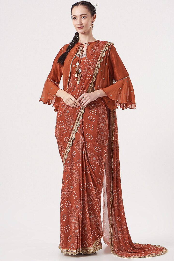 Rusty Orange Viscose Georgette Printed Draped Wedding Saree Set by Studio Bagechaa at Pernia's Pop Up Shop