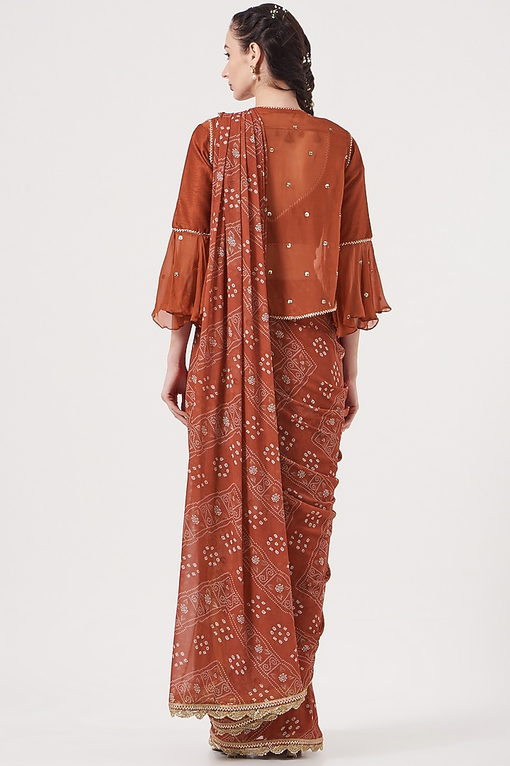 Rusty Orange Viscose Georgette Printed Draped Wedding Saree Set by Studio Bagechaa at Pernia's Pop Up Shop