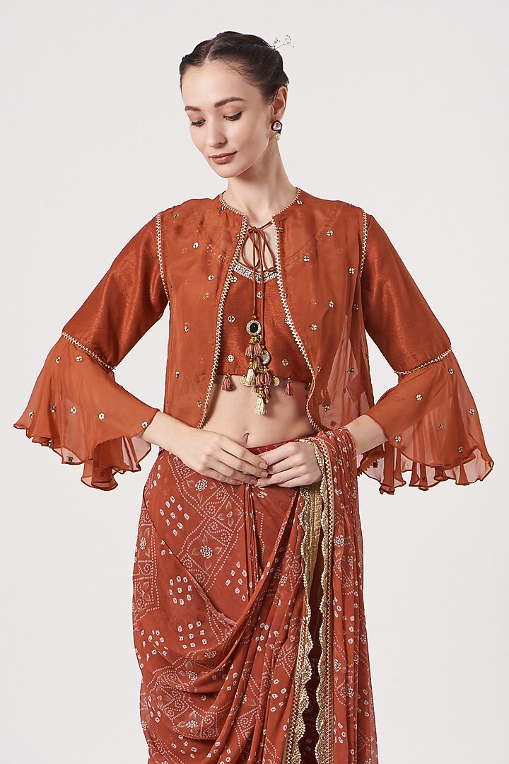 Rusty Orange Viscose Georgette Printed Draped Wedding Saree Set by Studio Bagechaa at Pernia's Pop Up Shop