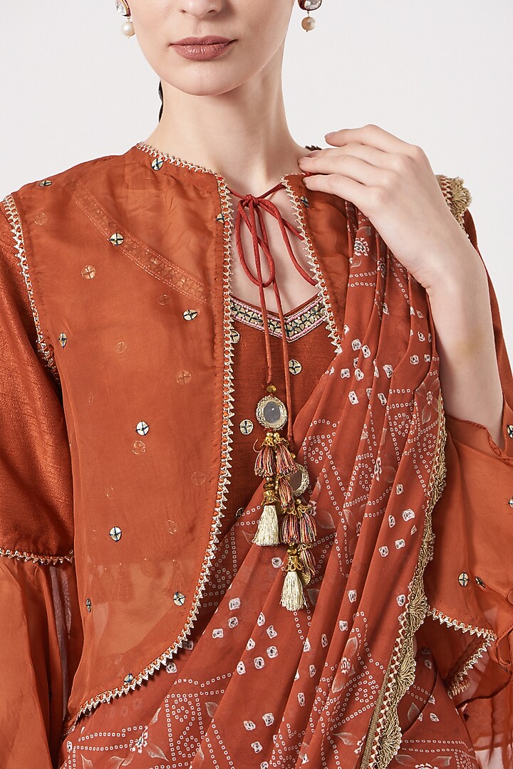 Rusty Orange Viscose Georgette Printed Draped Wedding Saree Set by Studio Bagechaa at Pernia's Pop Up Shop