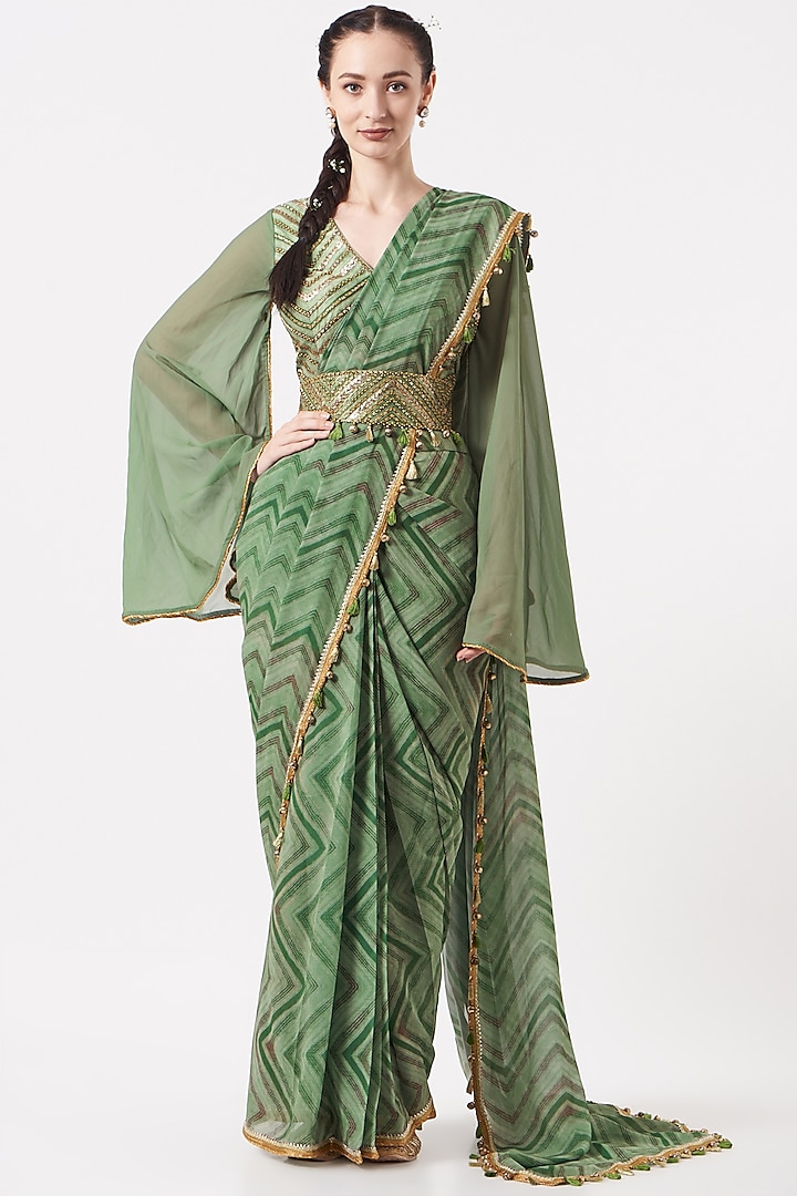Pastel Green Viscose Georgette Digital Printed Draped Saree Set by Studio Bagechaa