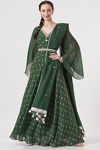 Leafy Green Digital Printed Anarkali Set by Studio Bagechaa
