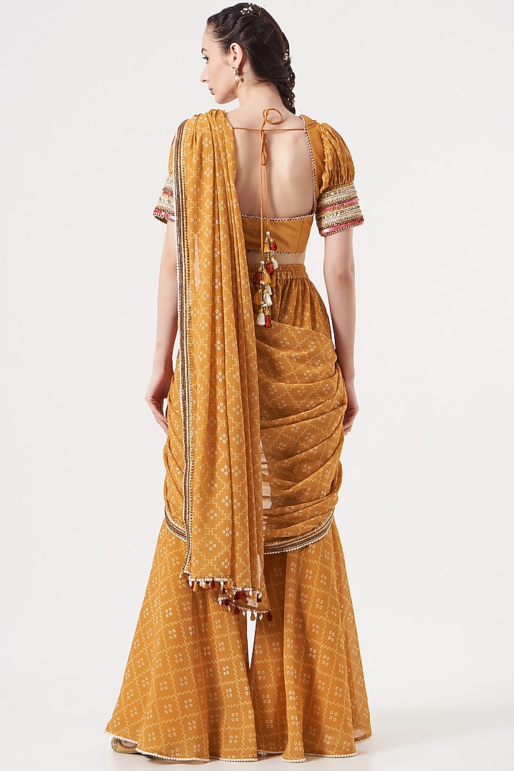 Mustard Yellow Viscose Georgette Bandhej Printed Sharara Wedding Saree Set by Studio Bagechaa at Pernia's Pop Up Shop