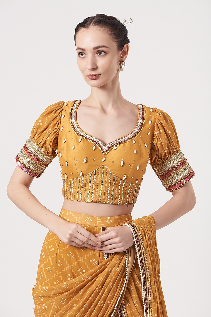 Mustard Yellow Viscose Georgette Bandhej Printed Sharara Wedding Saree Set by Studio Bagechaa at Pernia's Pop Up Shop