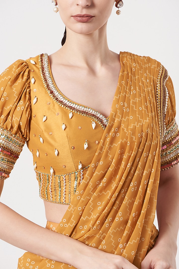 Mustard Yellow Viscose Georgette Bandhej Printed Sharara Wedding Saree Set by Studio Bagechaa at Pernia's Pop Up Shop