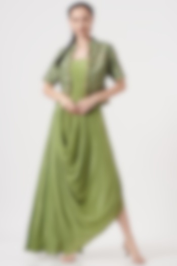 Olive Green Georgette Jacket Dress by Studio Bagechaa