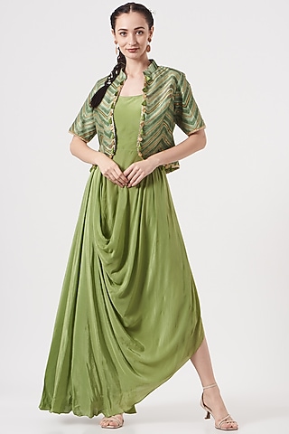 Olive Green Georgette Jacket Dress by Studio Bagechaa