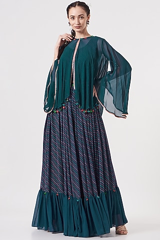 Teal Blue Printed Jumpsuit With Jacket & Belt by Studio Bagechaa