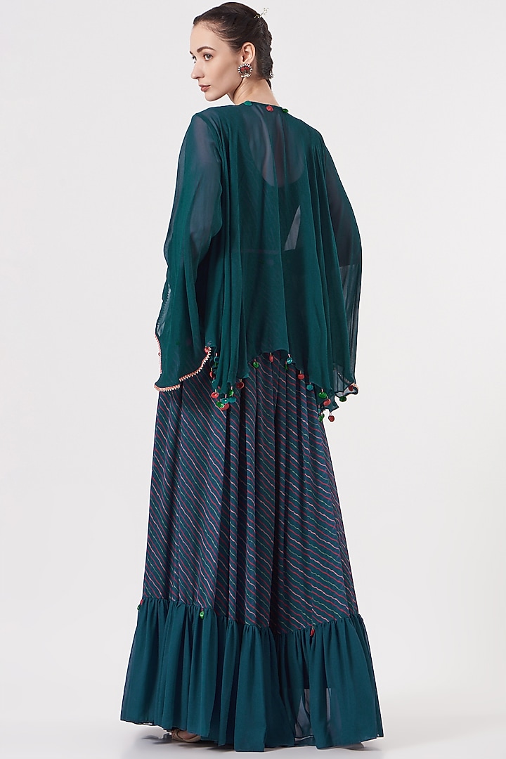 Teal Blue Printed Jumpsuit With Jacket & Belt by Studio Bagechaa at Pernia's Pop Up Shop