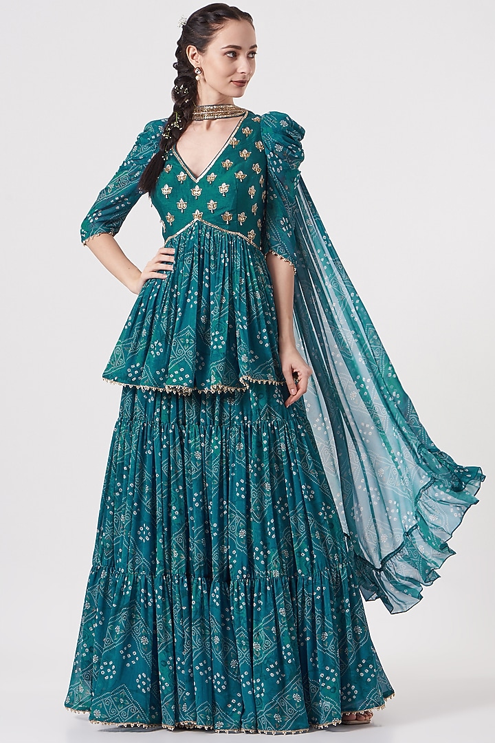 Teal Blue Printed Wedding Lehenga Set by Studio Bagechaa at Pernia's Pop Up Shop