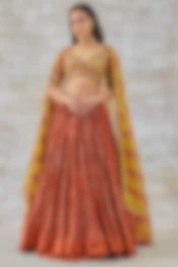Orange Hand Embroidered Wedding Lehenga Set by Studio Bagechaa at Pernia's Pop Up Shop