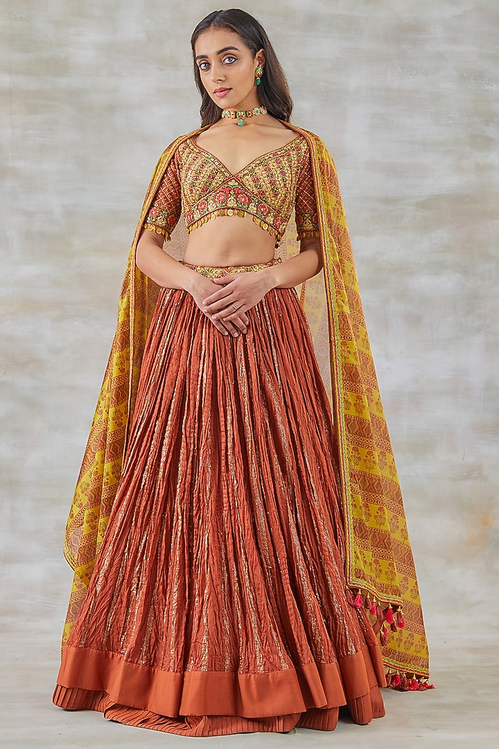Orange Hand Embroidered Wedding Lehenga Set by Studio Bagechaa at Pernia's Pop Up Shop