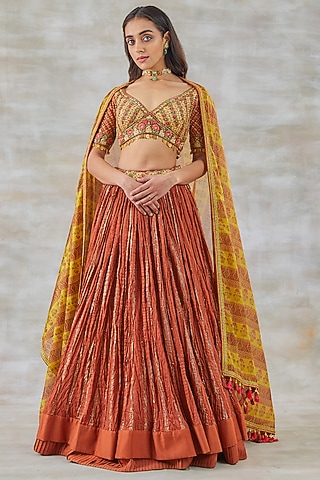 Orange Hand Embroidered Lehenga Set by Studio Bagechaa