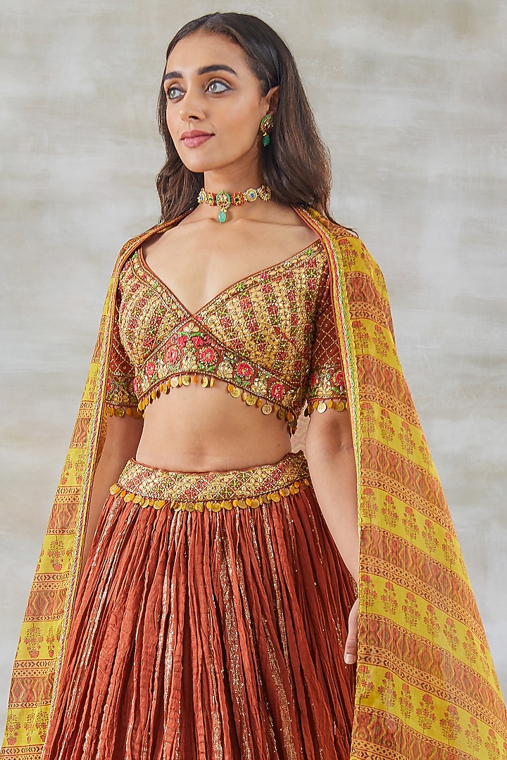 Orange Hand Embroidered Wedding Lehenga Set by Studio Bagechaa at Pernia's Pop Up Shop