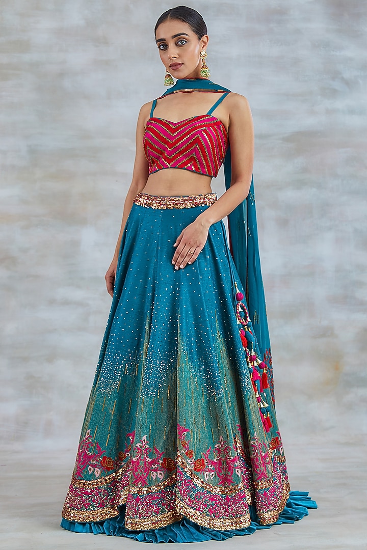 Sapphire Blue Silk Hand Embroidered Bridal Lehenga Set by Studio Bagechaa at Pernia's Pop Up Shop