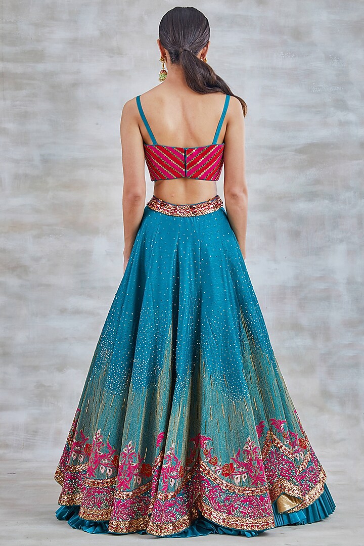 Sapphire Blue Silk Hand Embroidered Bridal Lehenga Set by Studio Bagechaa at Pernia's Pop Up Shop