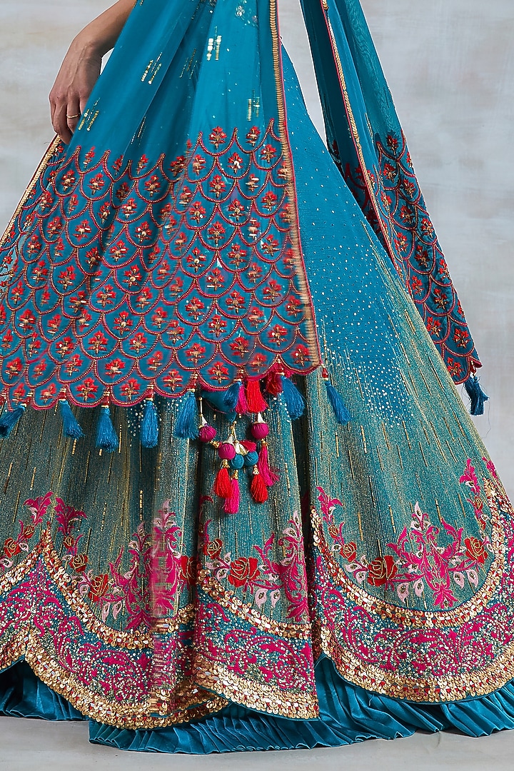 Sapphire Blue Silk Hand Embroidered Bridal Lehenga Set by Studio Bagechaa at Pernia's Pop Up Shop