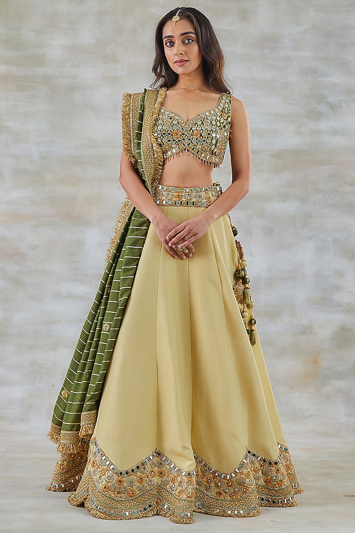 Ivory Silk & Chanderi Scalloped Wedding Lehenga Set by Studio Bagechaa at Pernia's Pop Up Shop