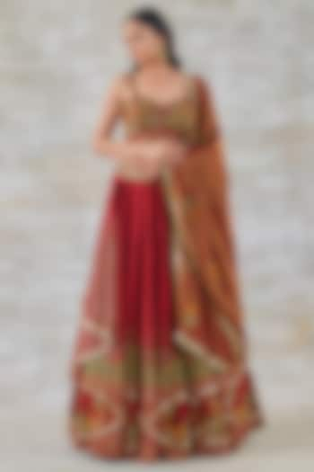 Brick Red Silk Embroidered Wedding Lehenga Set by Studio Bagechaa at Pernia's Pop Up Shop