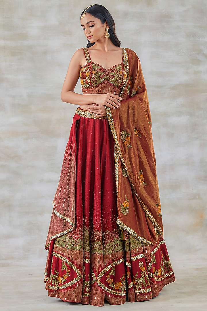 Brick Red Silk Embroidered Wedding Lehenga Set by Studio Bagechaa at Pernia's Pop Up Shop