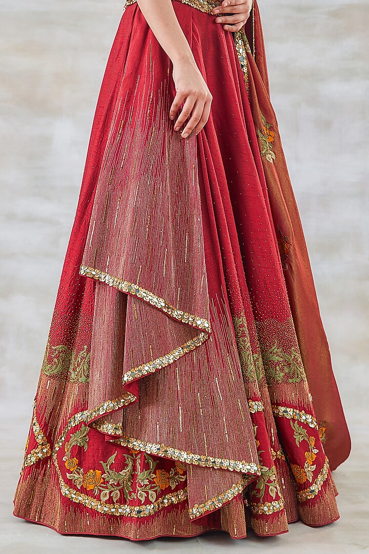 Brick Red Silk Embroidered Bridal Lehenga Set by Studio Bagechaa at Pernia's Pop Up Shop