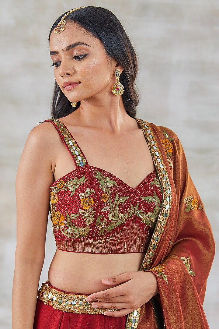 Brick Red Silk Embroidered Bridal Lehenga Set by Studio Bagechaa at Pernia's Pop Up Shop