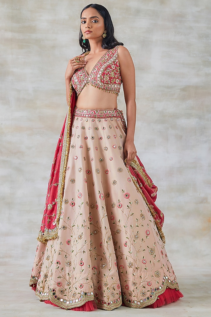 Blush Pink Silk & Chanderi Embroidered Wedding Lehenga Set by Studio Bagechaa at Pernia's Pop Up Shop