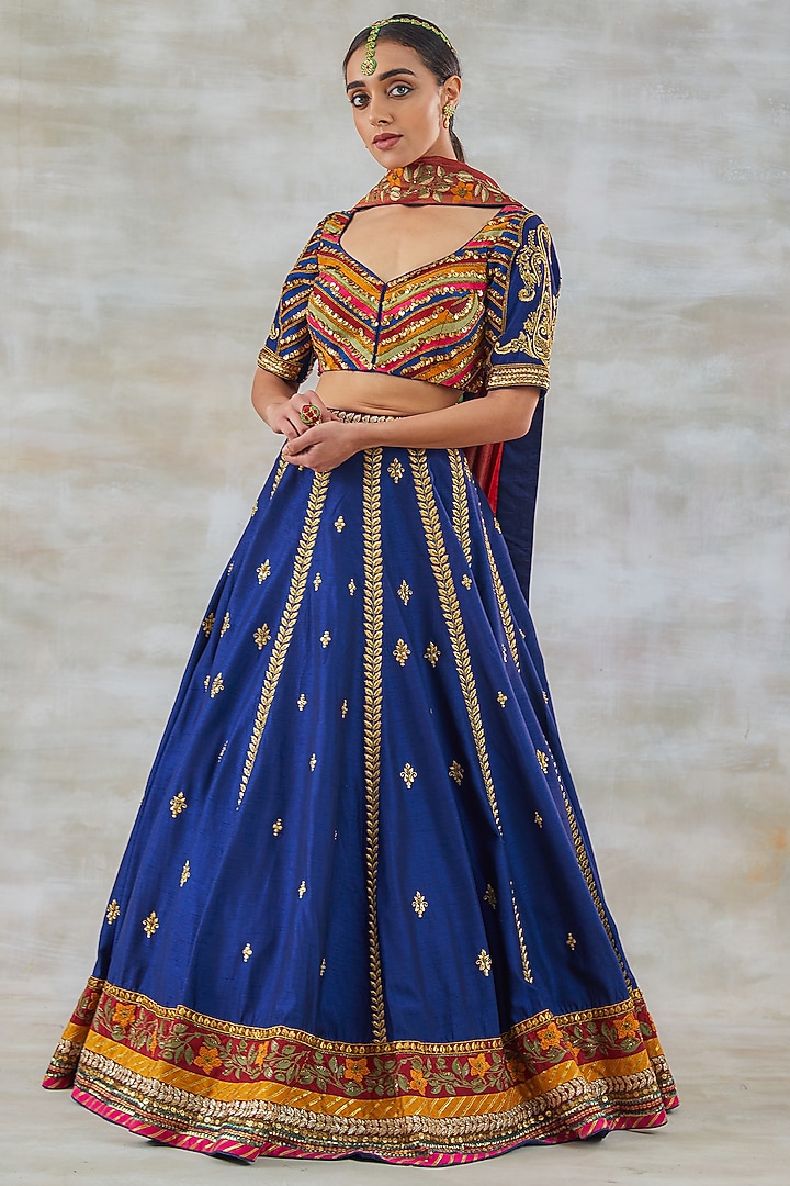 Midnight Blue Silk Embroidered Bridal Lehenga Set by Studio Bagechaa at Pernia's Pop Up Shop