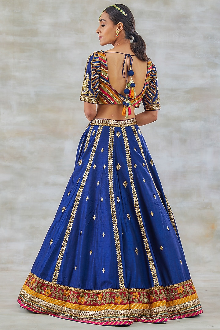 Midnight Blue Silk Embroidered Bridal Lehenga Set by Studio Bagechaa at Pernia's Pop Up Shop