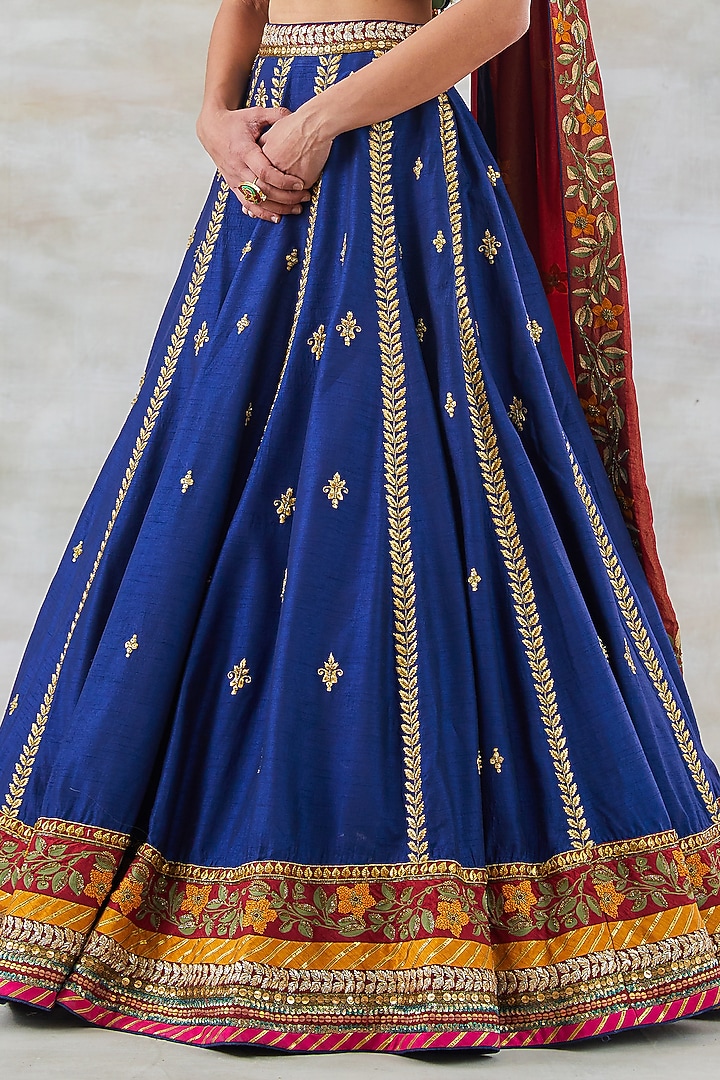 Midnight Blue Silk Embroidered Bridal Lehenga Set by Studio Bagechaa at Pernia's Pop Up Shop