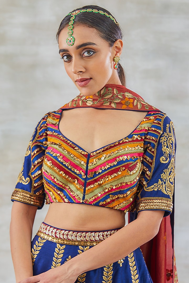 Midnight Blue Silk Embroidered Bridal Lehenga Set by Studio Bagechaa at Pernia's Pop Up Shop