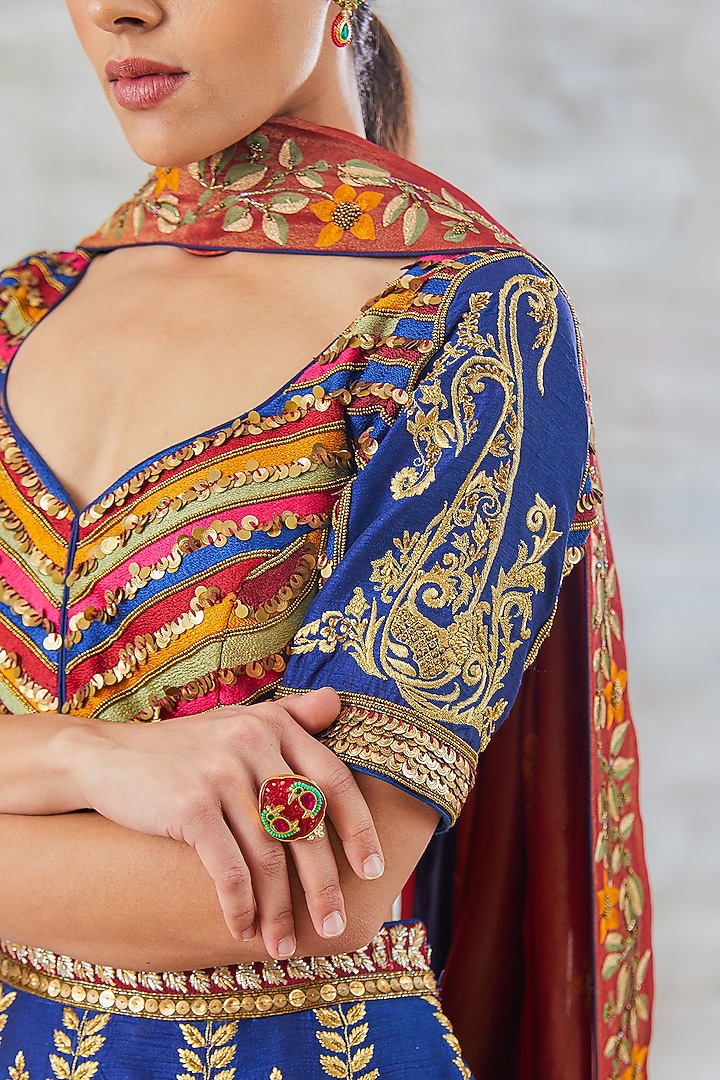 Midnight Blue Silk Embroidered Bridal Lehenga Set by Studio Bagechaa at Pernia's Pop Up Shop