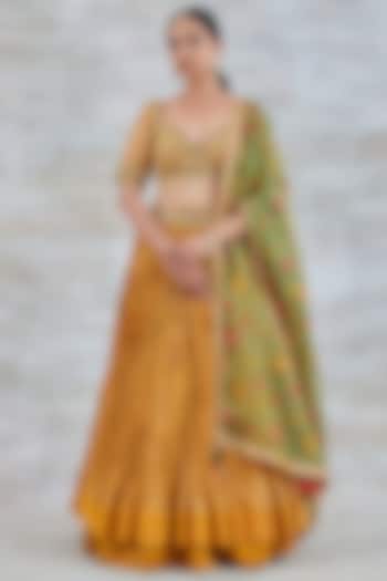 Amber Yellow Crinkled Lurex Wedding Lehenga Set by Studio Bagechaa at Pernia's Pop Up Shop
