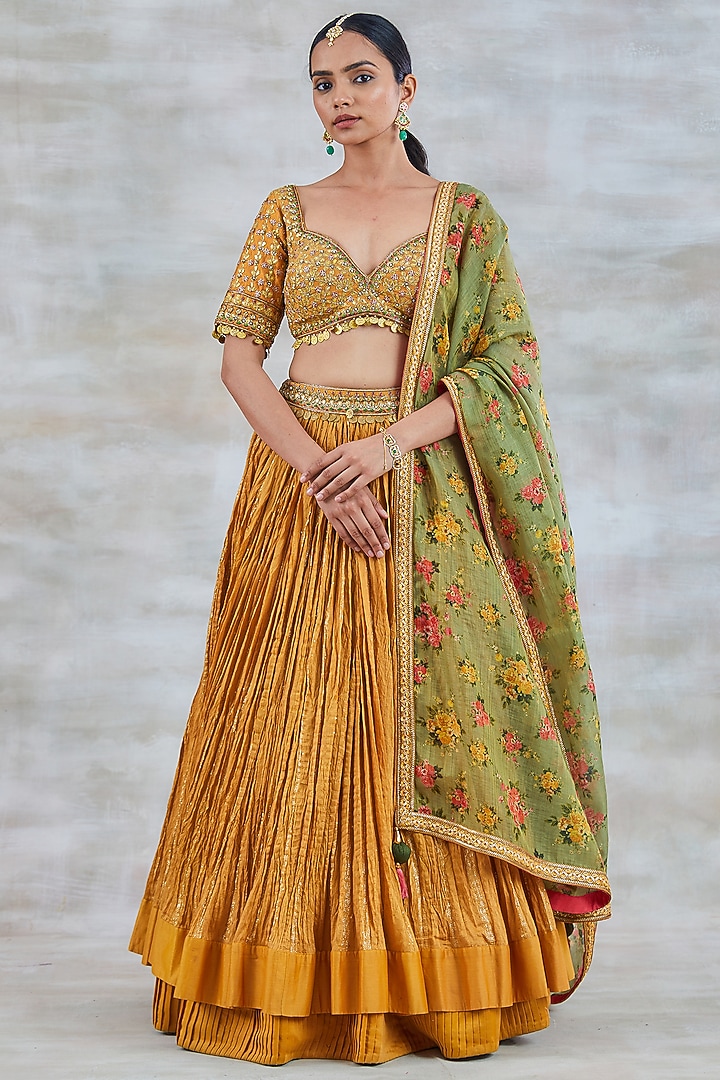 Amber Yellow Crinkled Lurex Wedding Lehenga Set by Studio Bagechaa at Pernia's Pop Up Shop