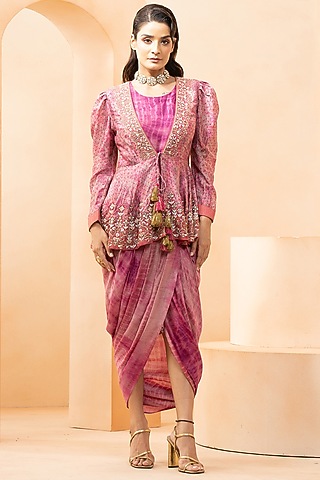 Purple Fine Silk & Russian Silk Digital Printed Dress With Peplum Top by Studio Bagechaa