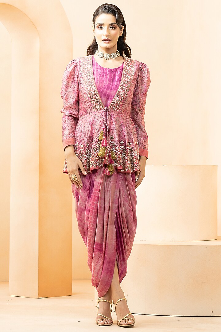 Purple Fine Silk & Russian Silk Digital Printed Cocktail Dress With Peplum Top by Studio Bagechaa at Pernia's Pop Up Shop