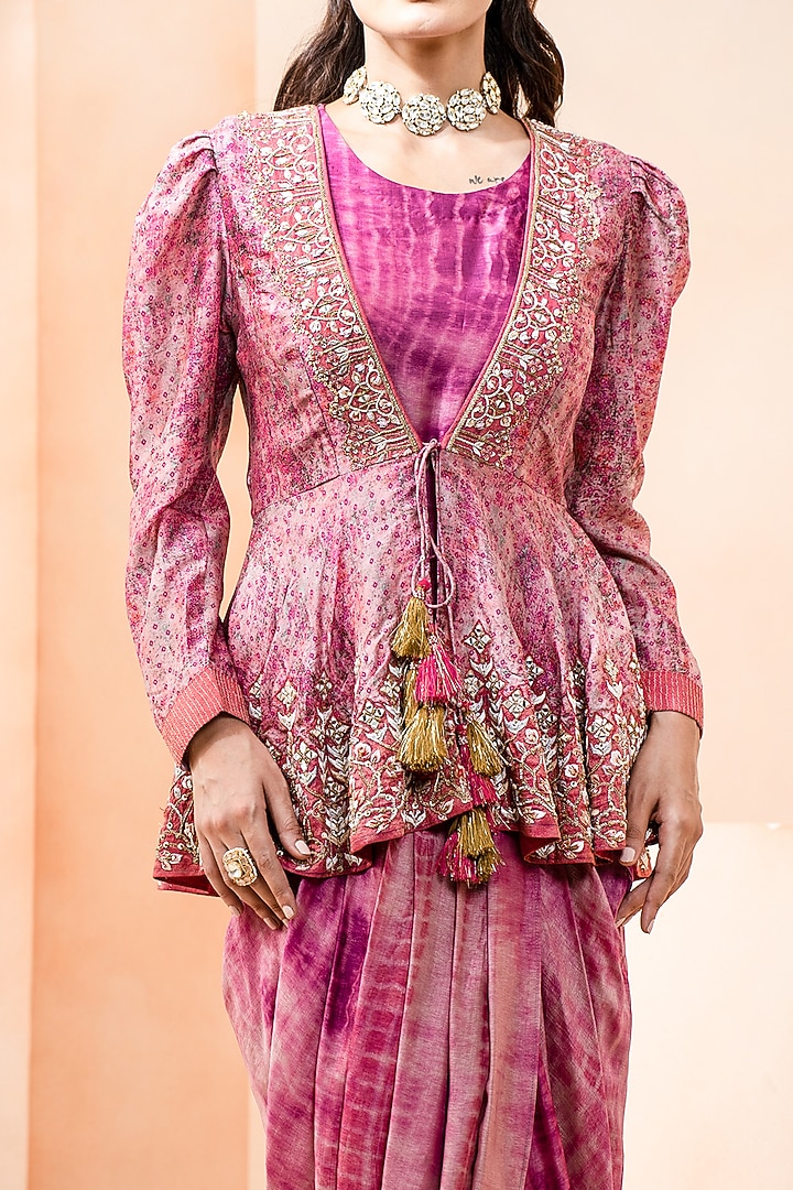Purple Fine Silk & Russian Silk Digital Printed Cocktail Dress With Peplum Top by Studio Bagechaa at Pernia's Pop Up Shop