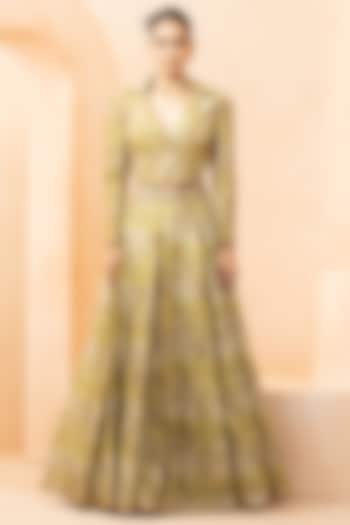 Olive Green Shimmer Fabric Digital Printed Skirt Set by Studio Bagechaa at Pernia's Pop Up Shop