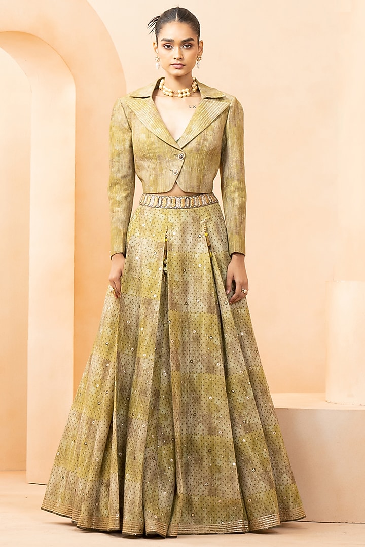 Olive Green Shimmer Fabric Digital Printed Skirt Set by Studio Bagechaa at Pernia's Pop Up Shop