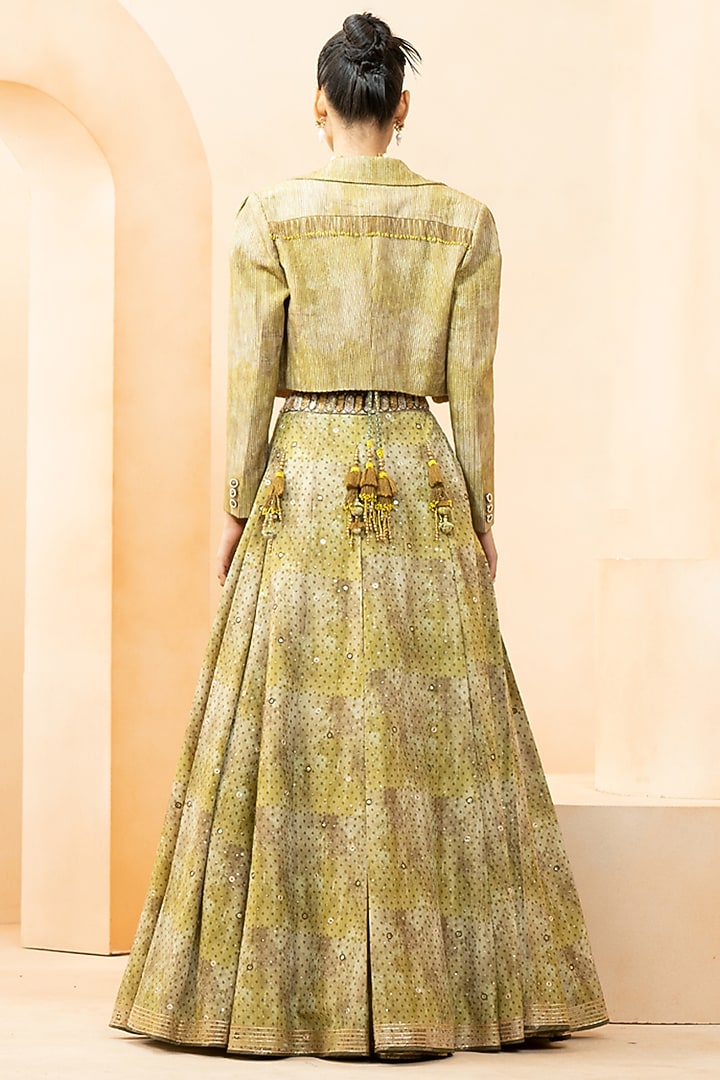 Olive Green Shimmer Fabric Digital Printed Skirt Set by Studio Bagechaa at Pernia's Pop Up Shop
